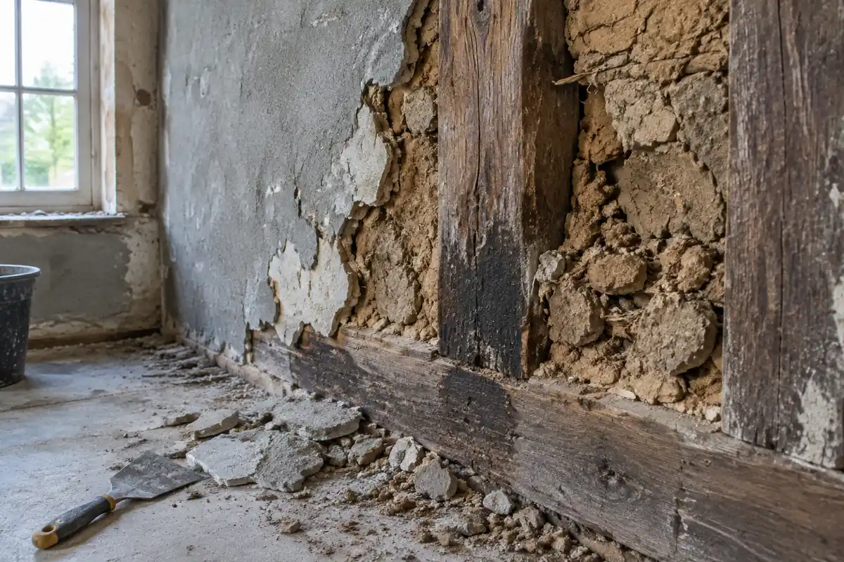 Enduit ciment écaillé sur un mur à pans de bois, laissant voir une poutre noircie et un torchis dégradé